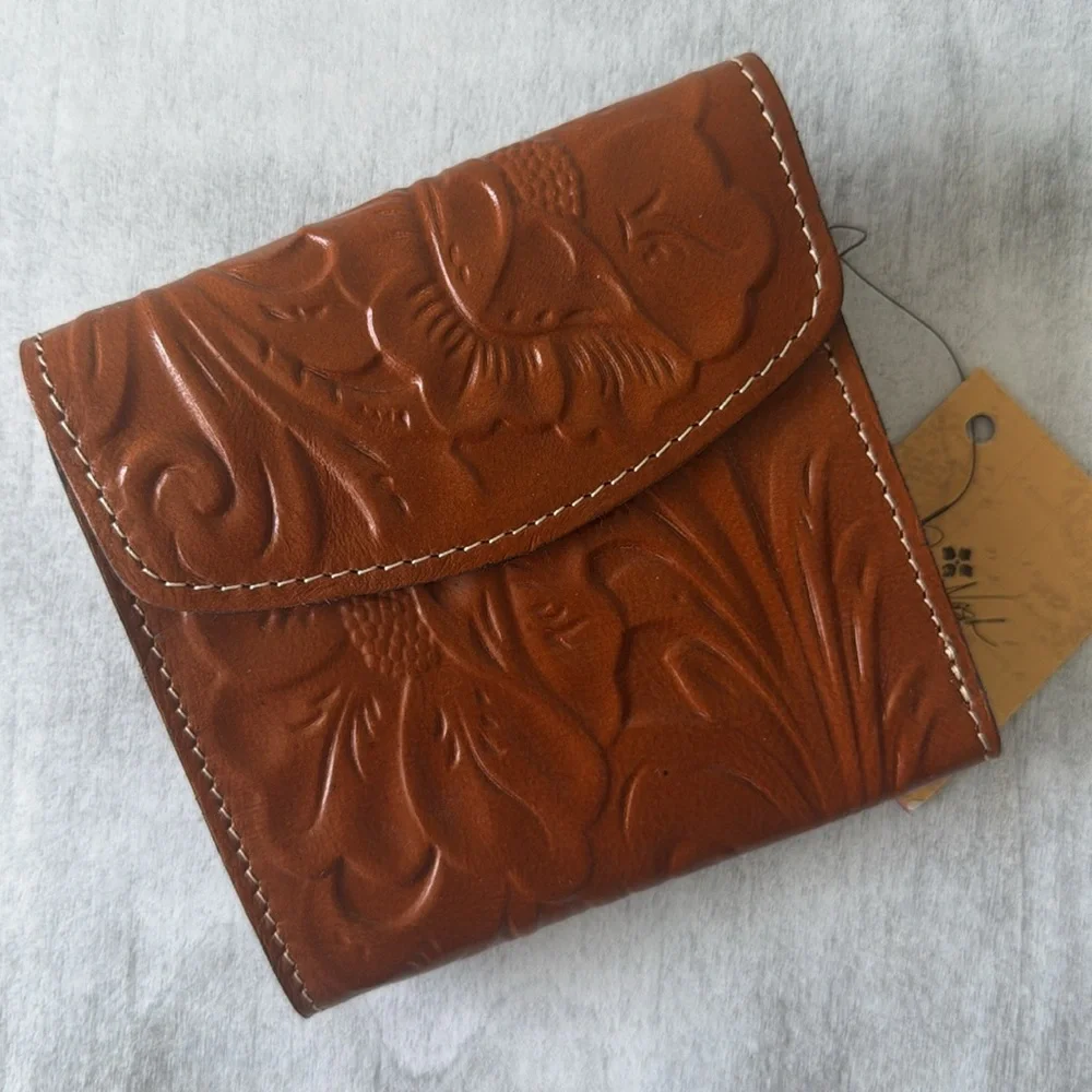 PATRICIA NASH Reiti Bi-Fold Tooled Cognac Brown Leather RFID Wallet NEW